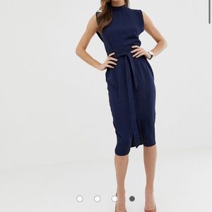 ASOS DESIGN split sleeve midi dress with belt in Navy